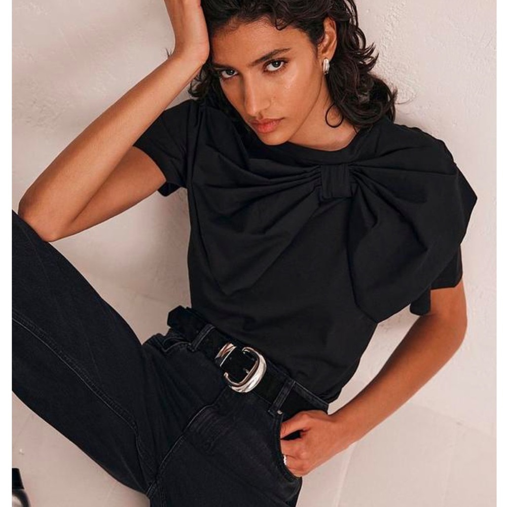 Mint Velvet Black Woven Bow T-Shirt